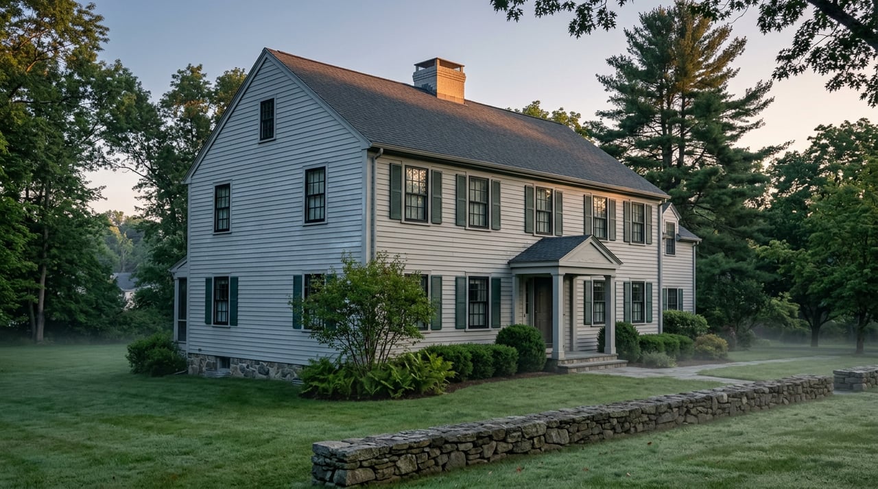 Two-story gray Colonial house with green shutters behind a dew-covered lawn and low fieldstone wall.