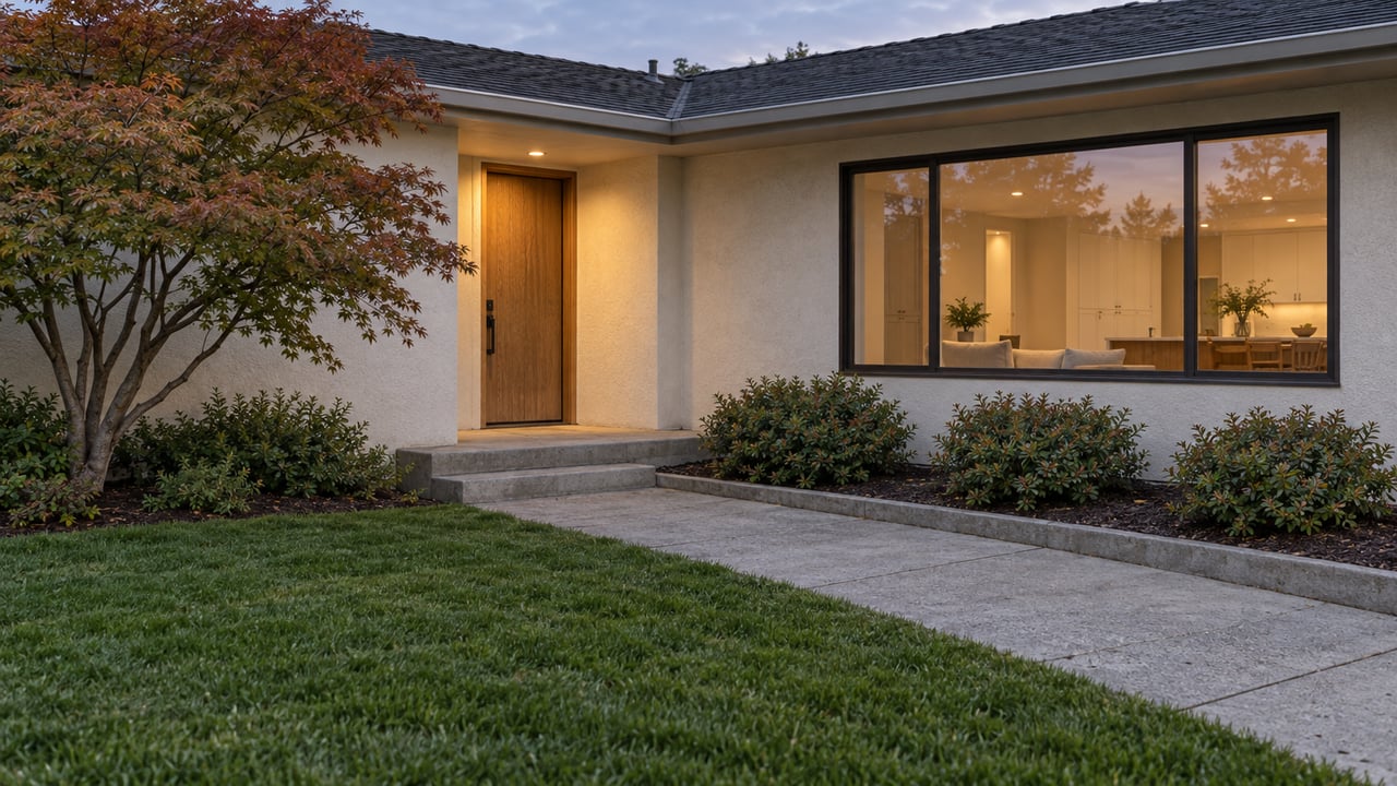 An updated single-story home at dusk with cream stucco, an oak entry door, a broad glazed window and a concrete approach through a planted front garden.