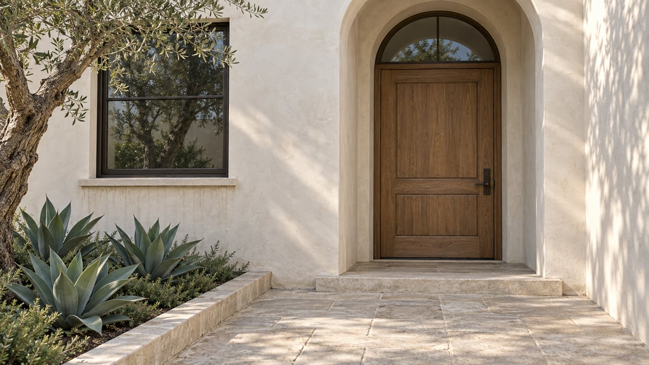 Oak door beneath an arched entry, with limestone steps and an olive tree beside the stucco facade.