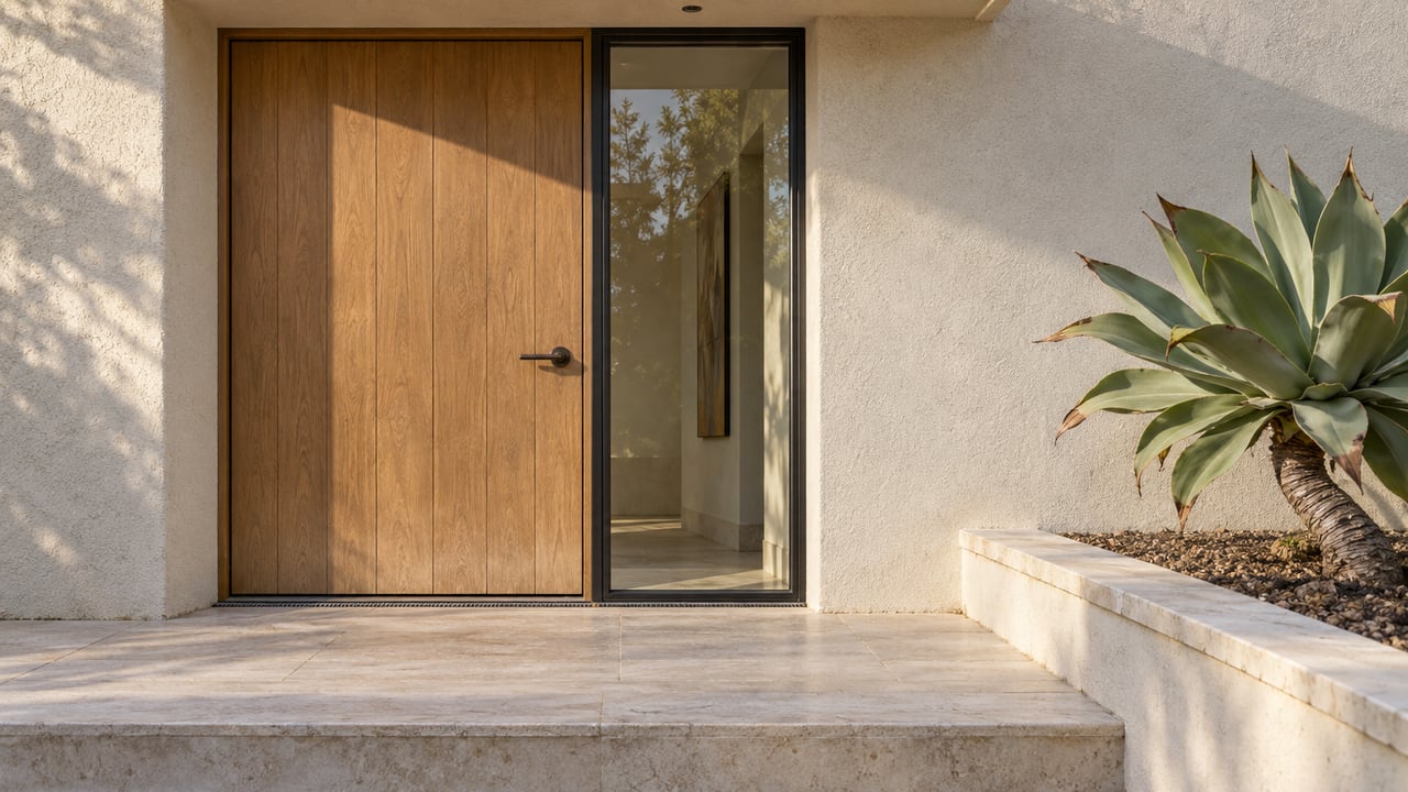 Oak entry door and black-framed sidelight above a pale limestone landing, beside a raised stucco planter containing one agave.