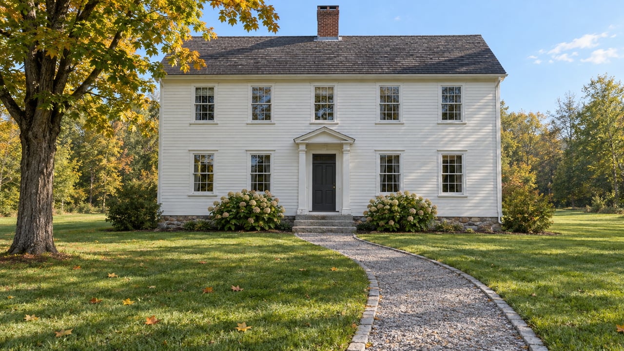 Ivory clapboard house with divided-light windows, a center brick chimney and granite entry steps beyond an autumn lawn and a mature maple.