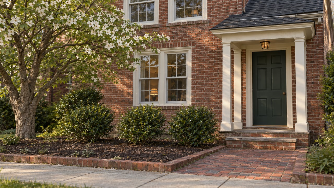 Red-brick home with an off-white entry portico, brick walkway, and dogwood tree.