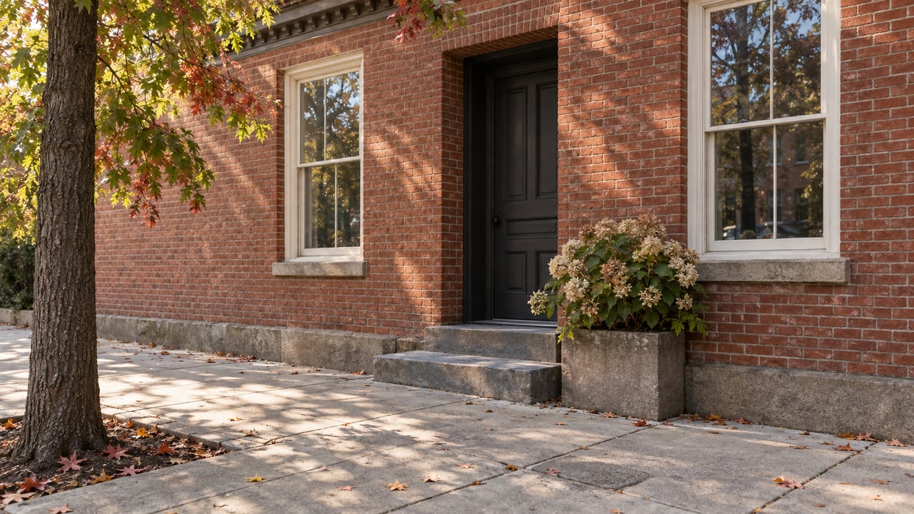 Red-brick townhouse with a recessed dark door, two sash windows, and an oak tree along the sidewalk.