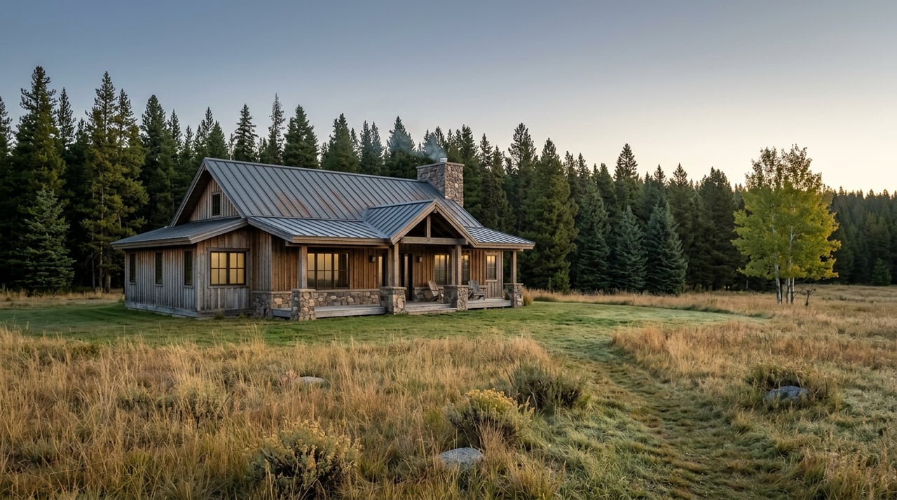 A ranch house with a stone chimney sits beyond golden pasture grass, backed by a dark conifer tree line at dawn.