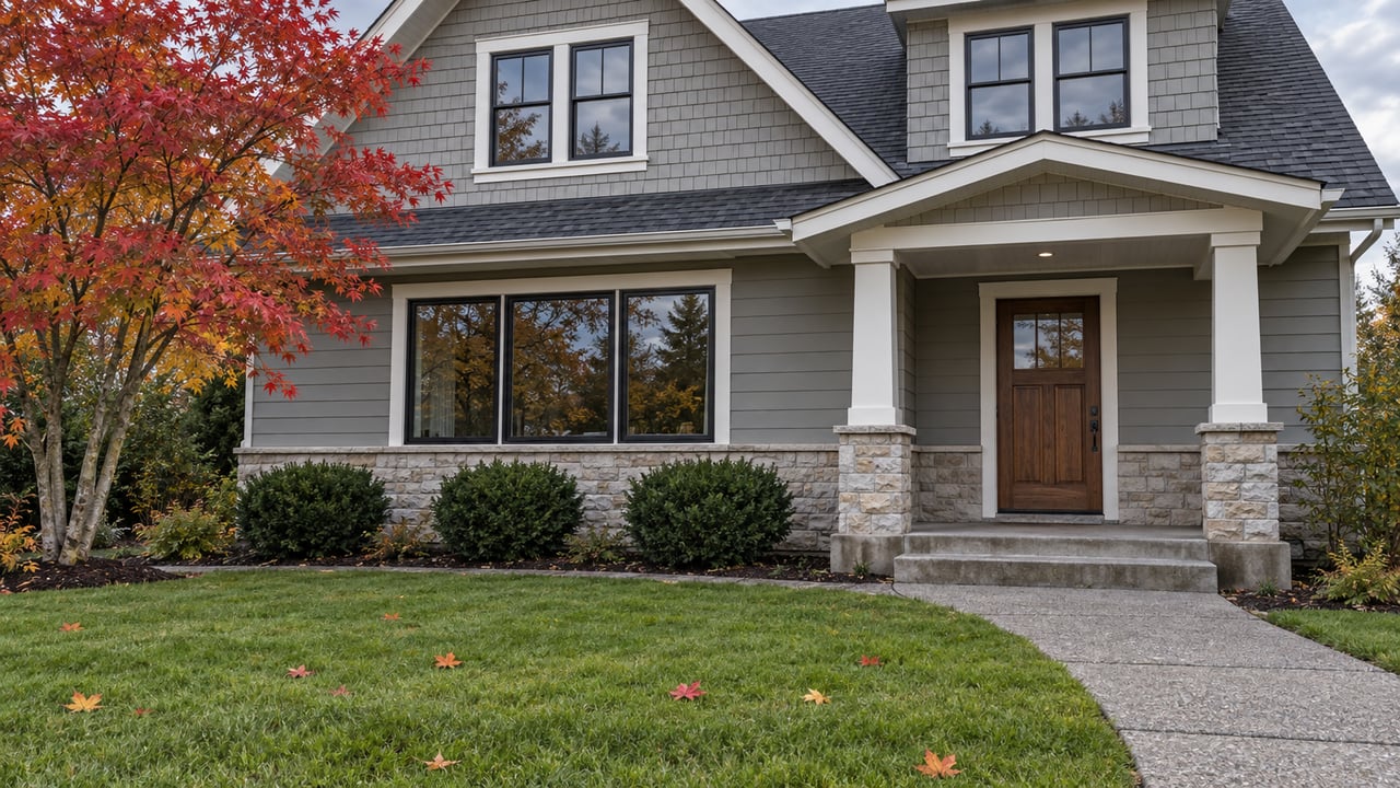 Gray shingled two-story home with a covered stone-based porch, a deep front lawn and a red-orange vine maple in autumn.