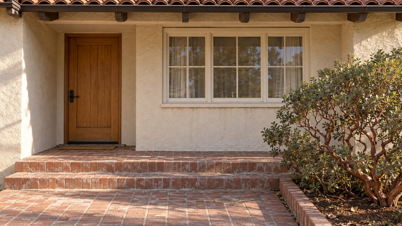Sunlit stucco home entry with a clay-tile eave, oak door, cream-framed window and worn brick steps beside a sculptural manzanita.