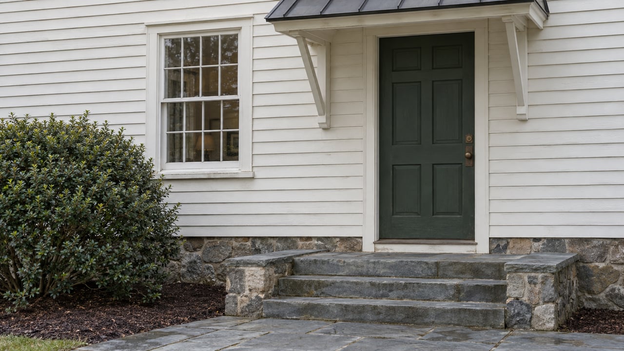 White clapboard entry with a deep green door, divided-pane window, and three bluestone steps.