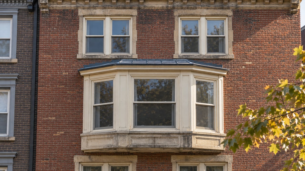 Red-brown brick rowhouse facade with a three-window bay, limestone lintels, and yellowing street-tree leaves.