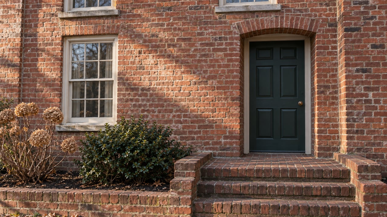Brick townhouse entrance with a green paneled door, cream multi-pane windows, worn brick steps, and winter planting.