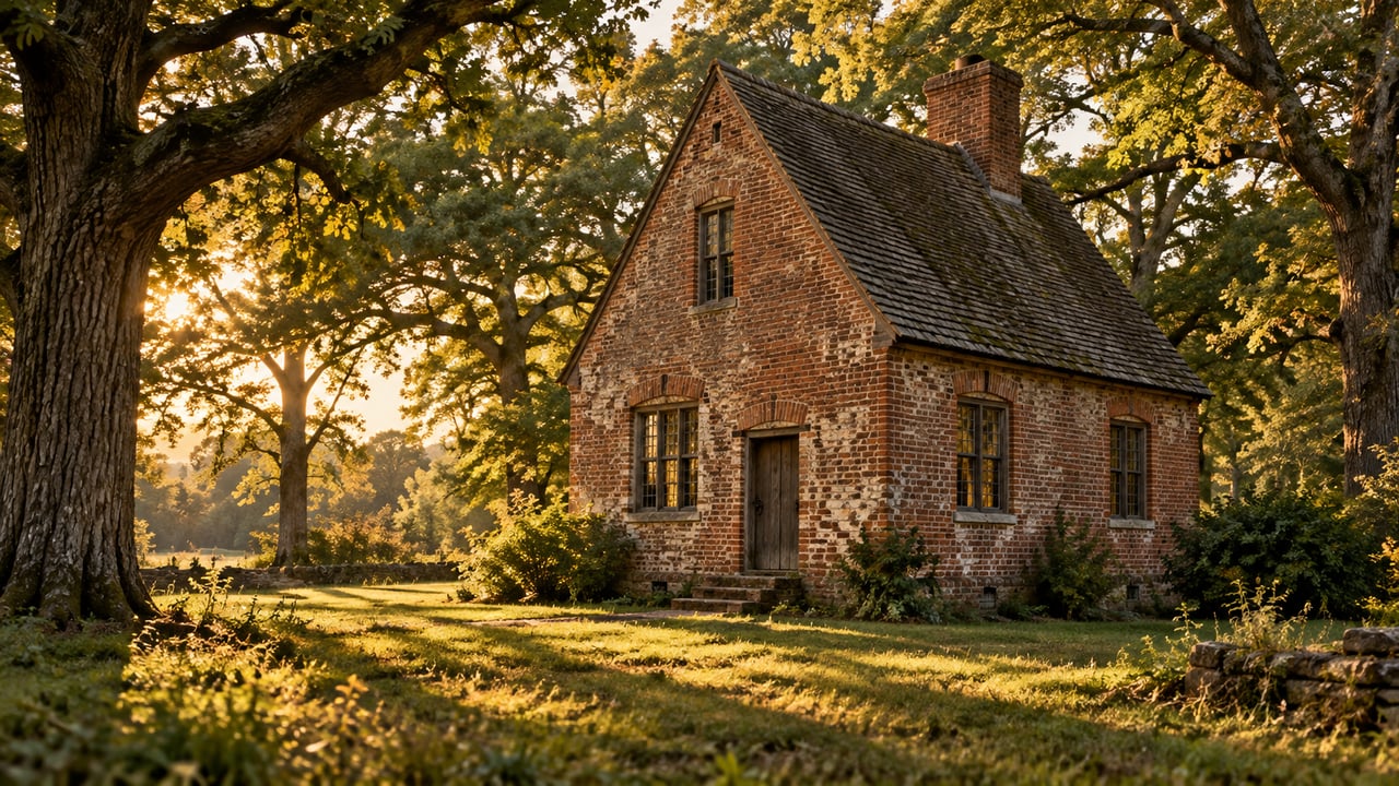 Historic brick house with a steep roof and chimney beneath large trees in golden-hour light.