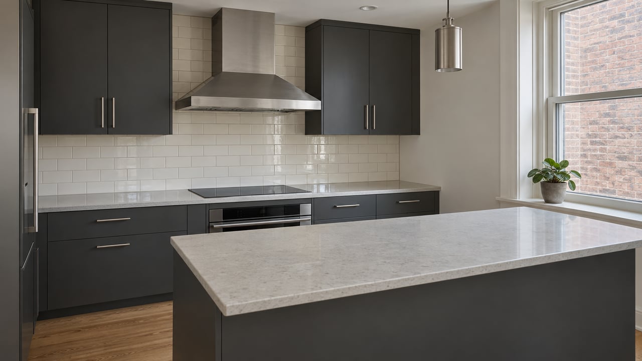 Compact contemporary apartment kitchen with charcoal cabinetry, pale counters, stainless steel hood and a closed window facing a nearby brick wall.