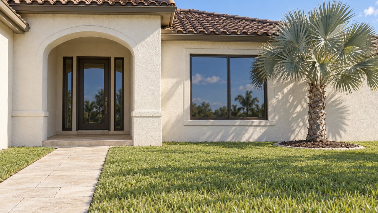 Sunlit ivory stucco home with a brown tile roof, arched glazed entry, broad lawn and a silver fan palm.