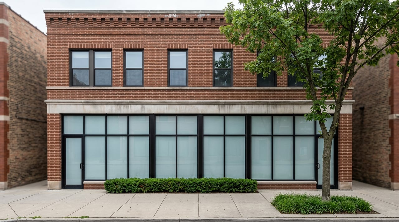 Three-story red-brown brick building with a glass storefront, limestone band, corbelled cornice, and street tree.