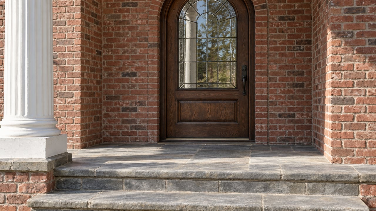 Arched dark wood and beveled-glass front door set in red brick beside a white fluted column and weathered gray stone steps.