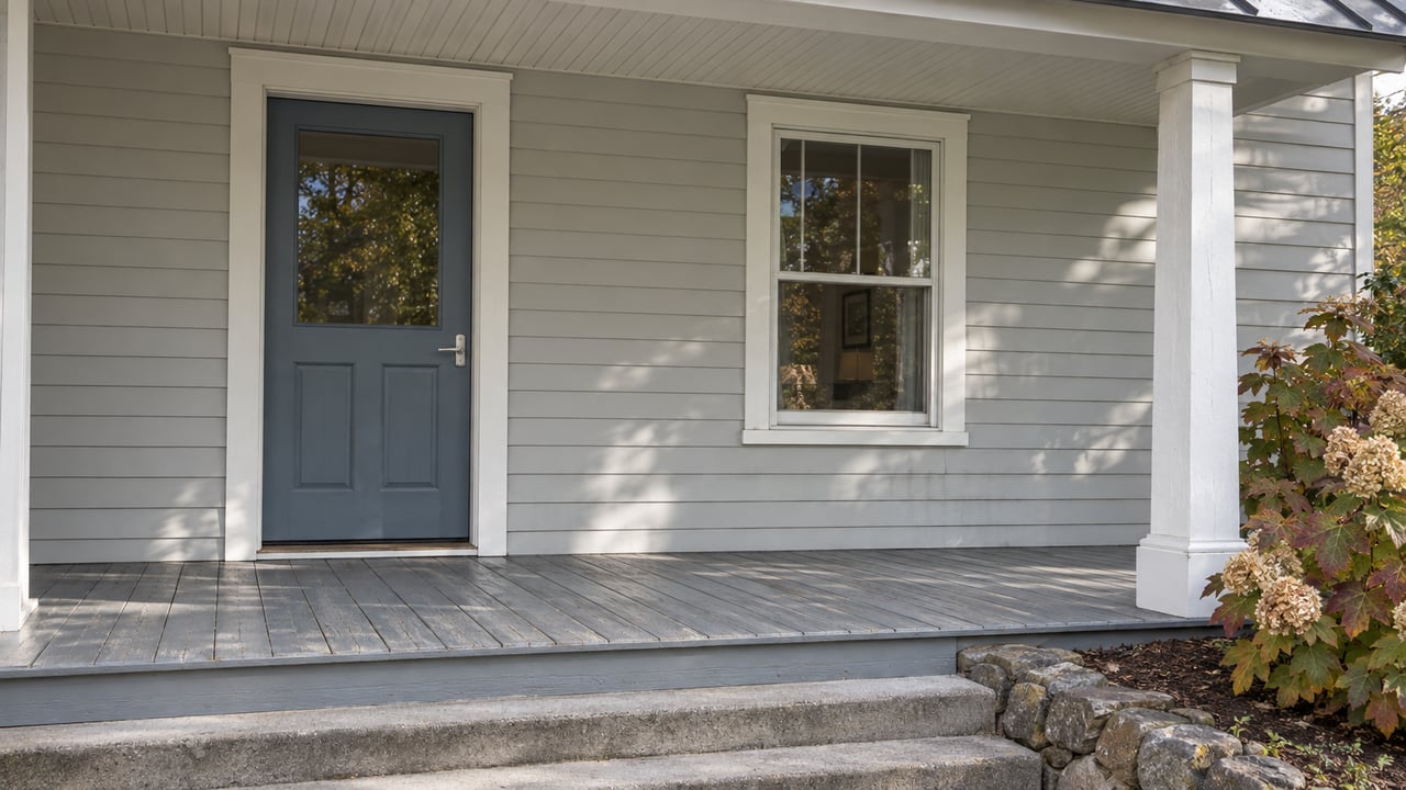 A covered porch with pale horizontal siding, a blue-gray entry door, weathered painted floorboards and autumn oakleaf hydrangea beside concrete steps.