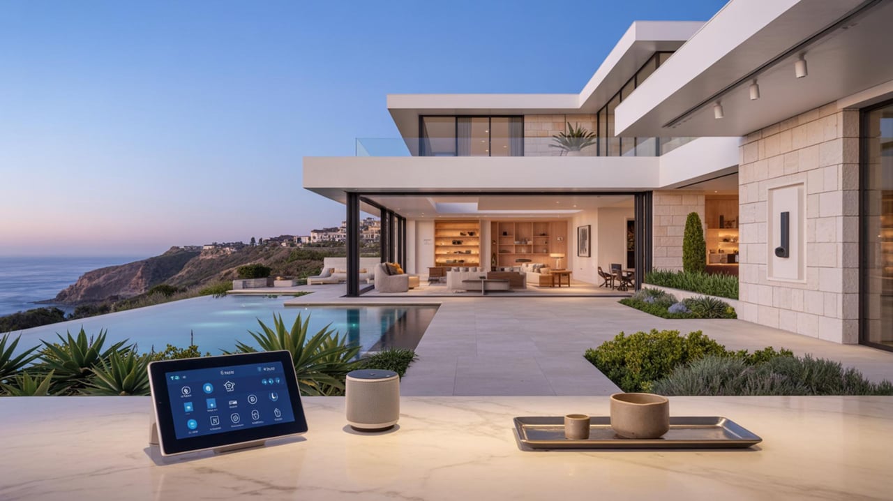 Modern cliffside home with an infinity pool, seen past a tablet and serving tray on a counter.