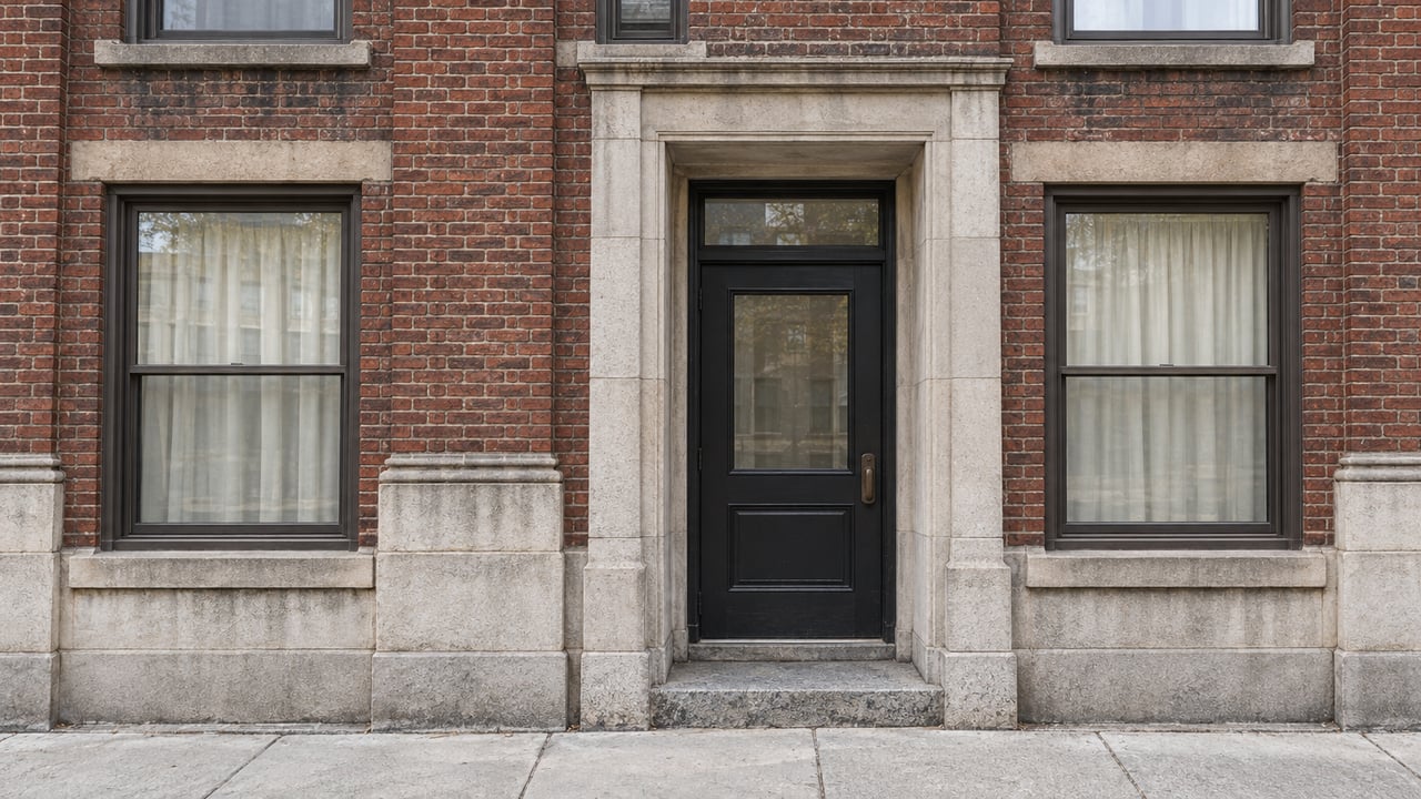 Weathered brick apartment facade with limestone entry surround, glazed dark wood door, and two tall windows above a clean sidewalk.