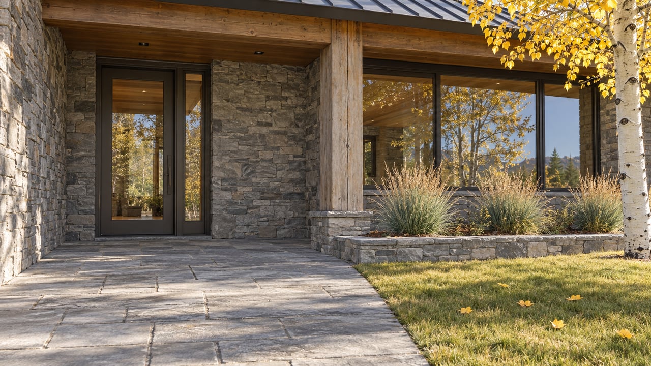 Timber-covered home entrance with gray stone walls, bronze-framed glass and yellow autumn leaves beside a broad stone approach.