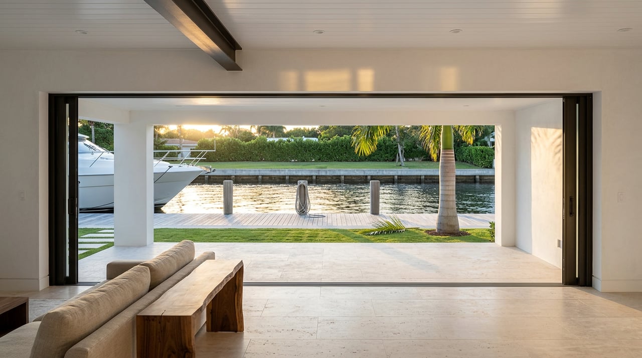 Sunlit great room opens onto a canal, with travertine floors, dock, palm, and yacht bow.