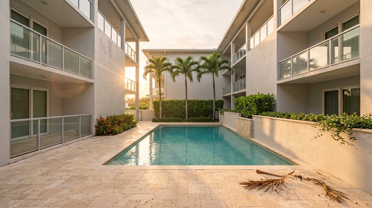 Shared courtyard pool between two residential wings, with royal palms and balconies in warm sunlight.