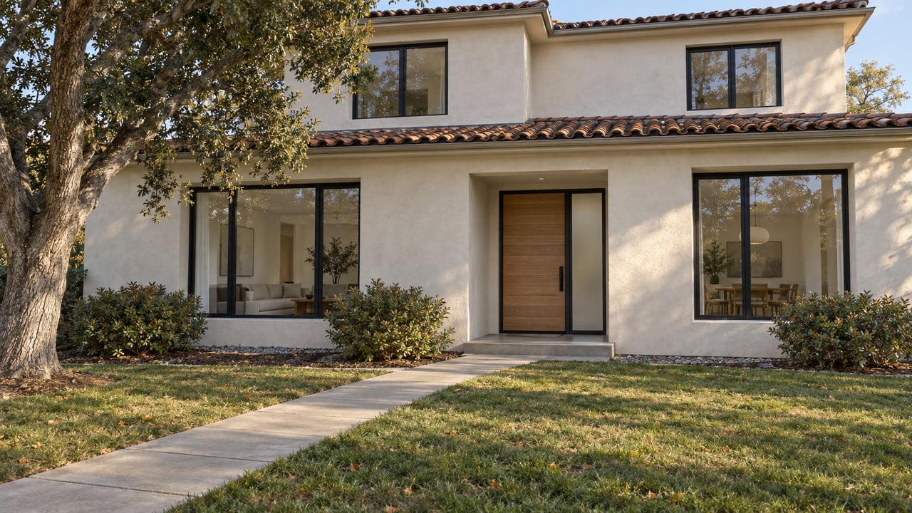 An off-white stucco home with terracotta roof tiles, black-framed windows and an oak entry beyond a deep lawn and concrete walk.