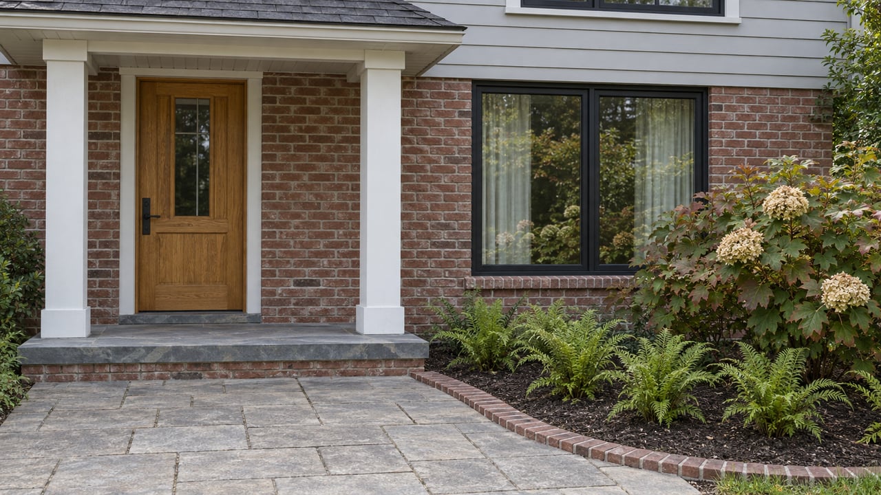 Brick and light-gray clapboard home entrance with a sheltered oak door, black-framed window and curved stone approach beside oakleaf hydrangea.