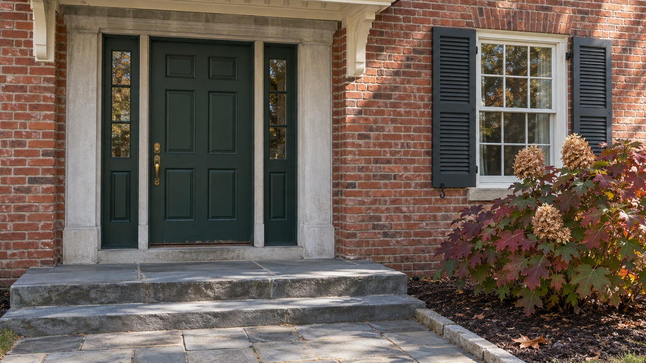 Brick home entry with a green door, limestone surround, bluestone steps and burgundy oakleaf hydrangea.