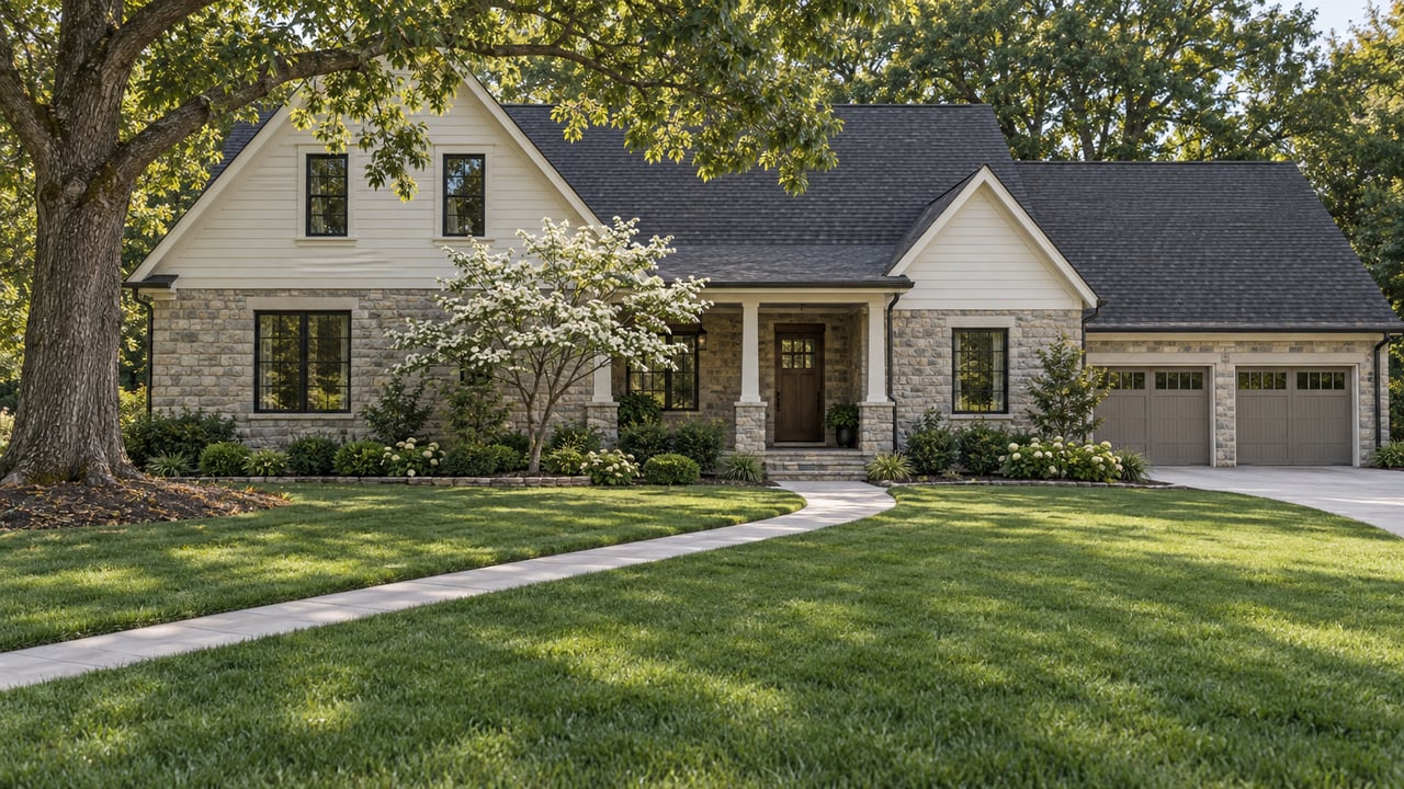 Two-gabled detached house with recessed porch beyond a broad lawn and concrete walk.