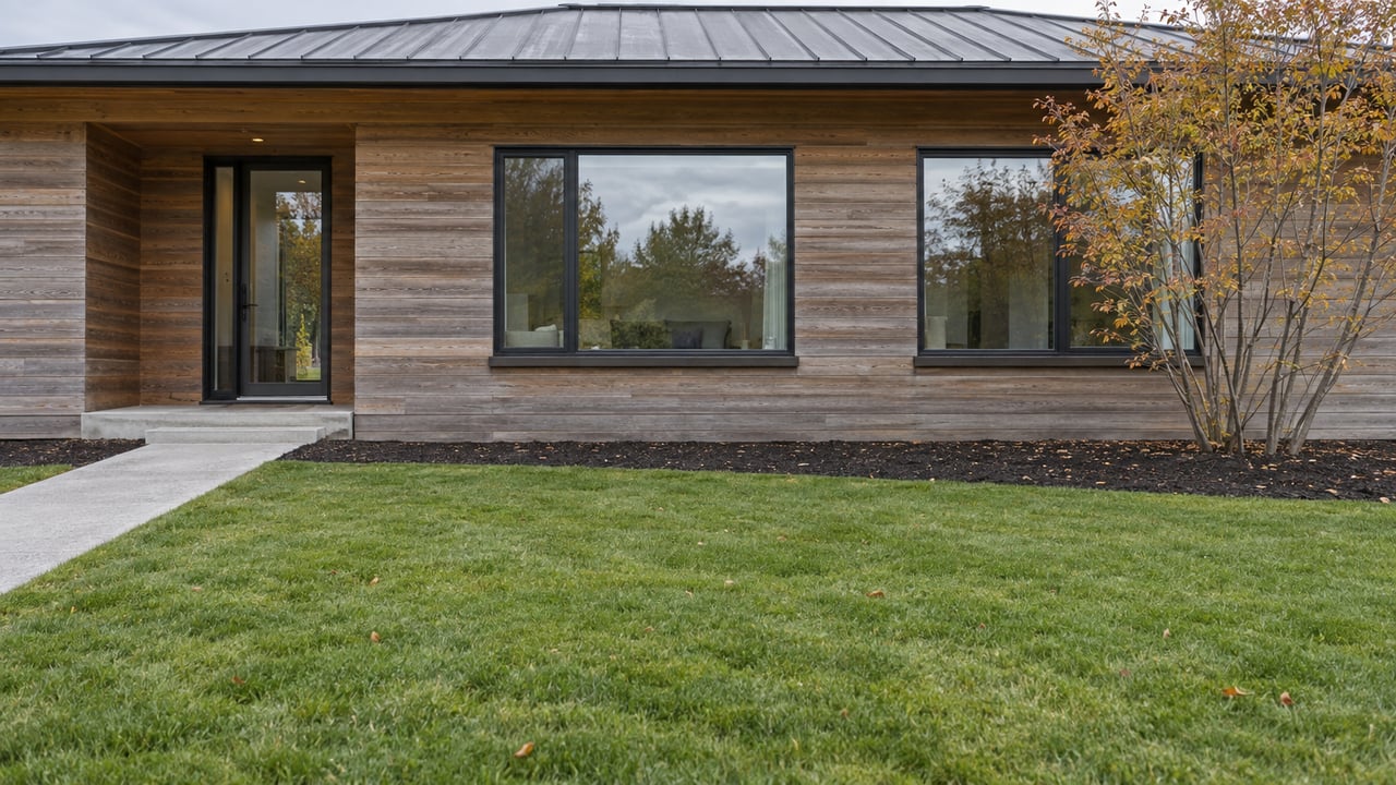 Low cedar-clad house behind a broad lawn, with a diagonal concrete path and a small tree beside the windows.