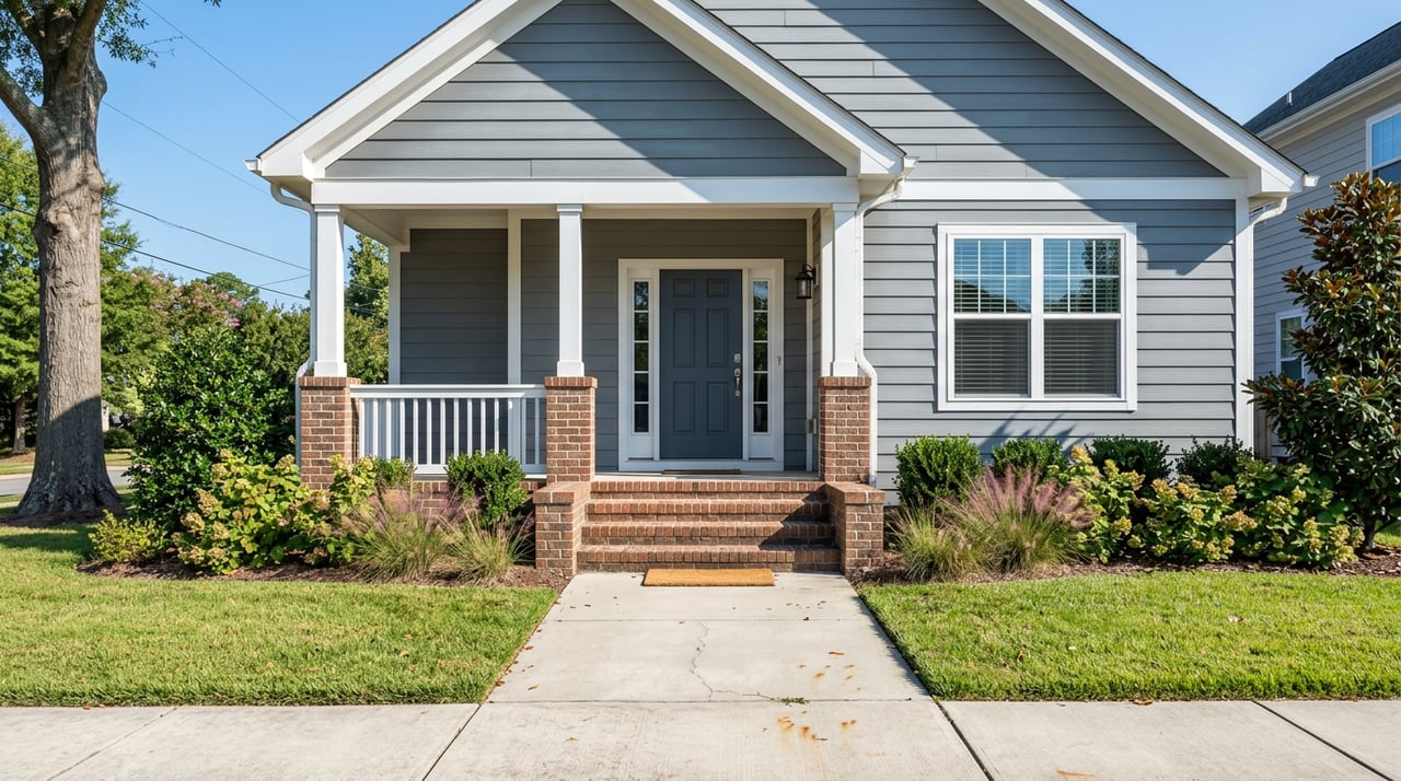 Two-story detached home with a centered porch entry, brick steps, and a white-trimmed window.