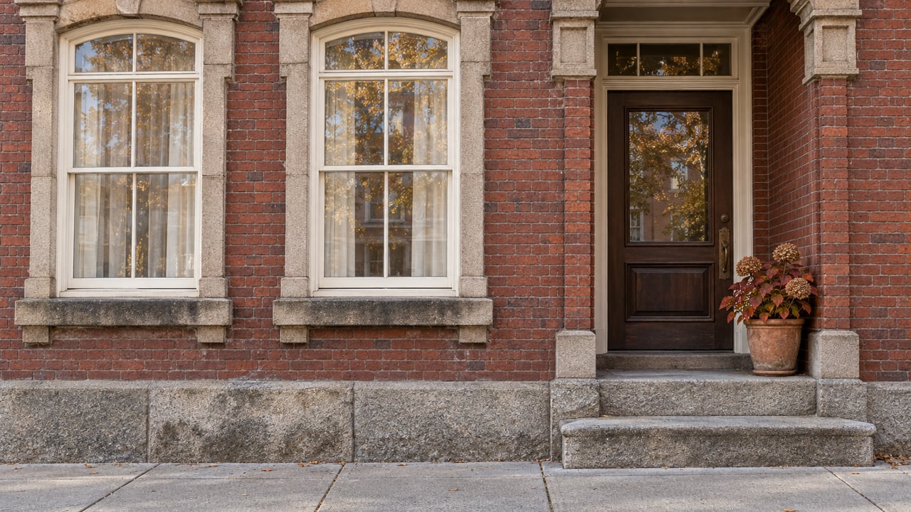 Tall ivory-trimmed windows and a recessed timber entrance in a red brick condominium facade, with worn granite steps and an autumn hydrangea.