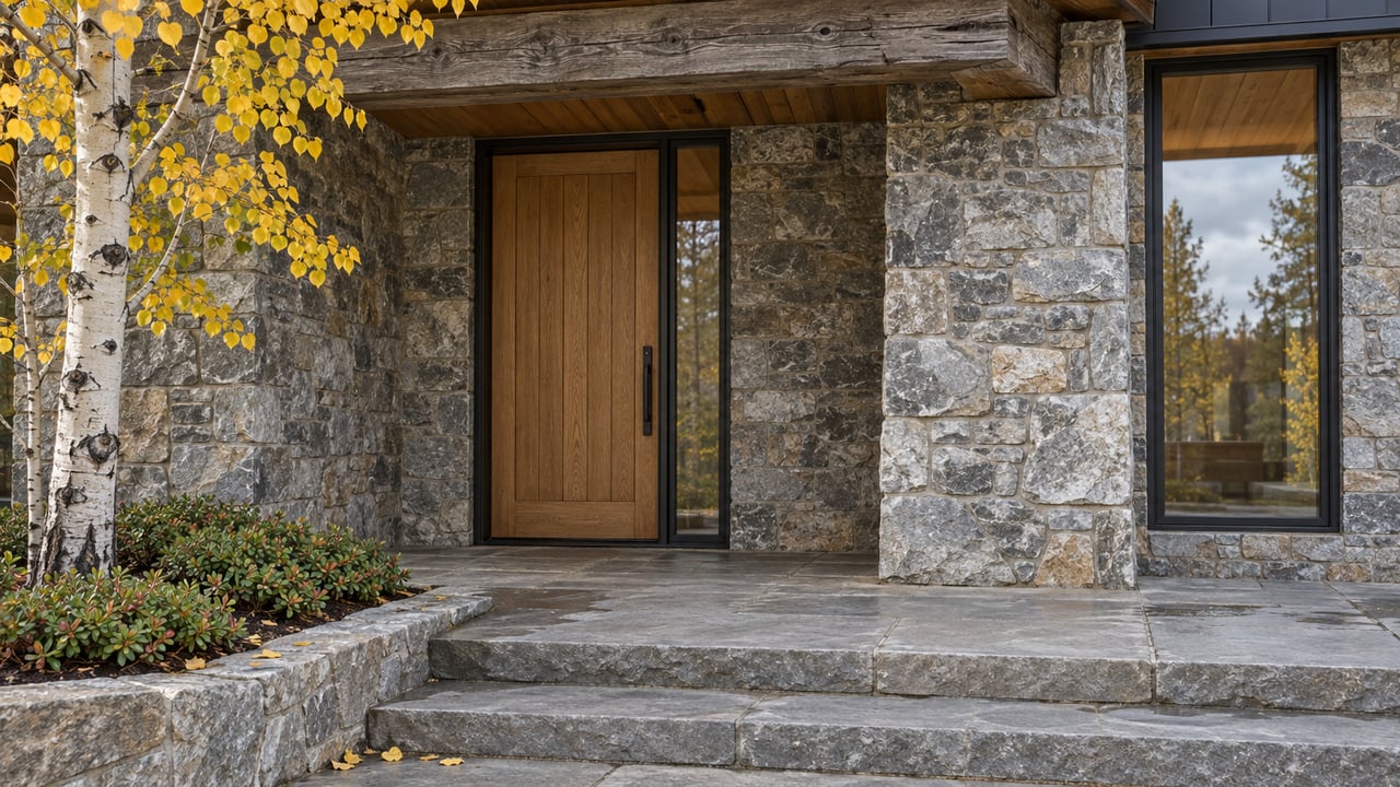 Covered stone-and-timber home entry with an oak door, broad sandstone steps, and a yellow-leaved aspen.
