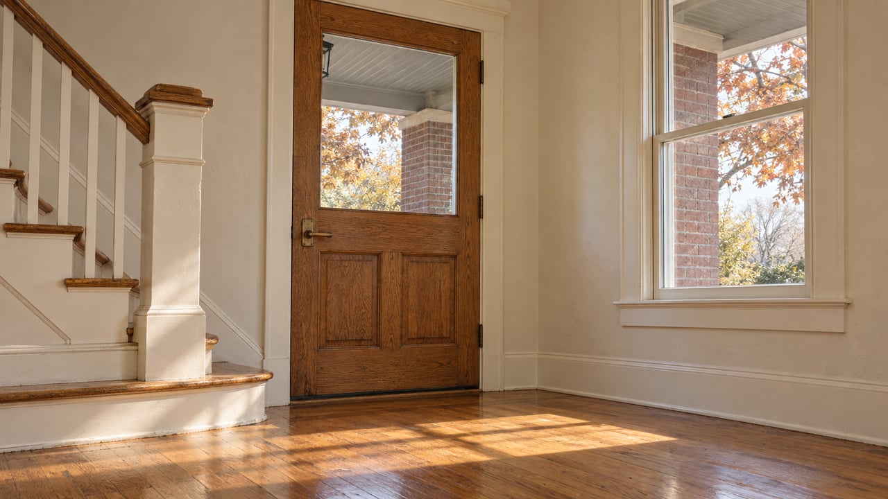 Warm afternoon light crosses an oak-floored entry hall with a wood front door, white-painted staircase and a window overlooking a brick porch.