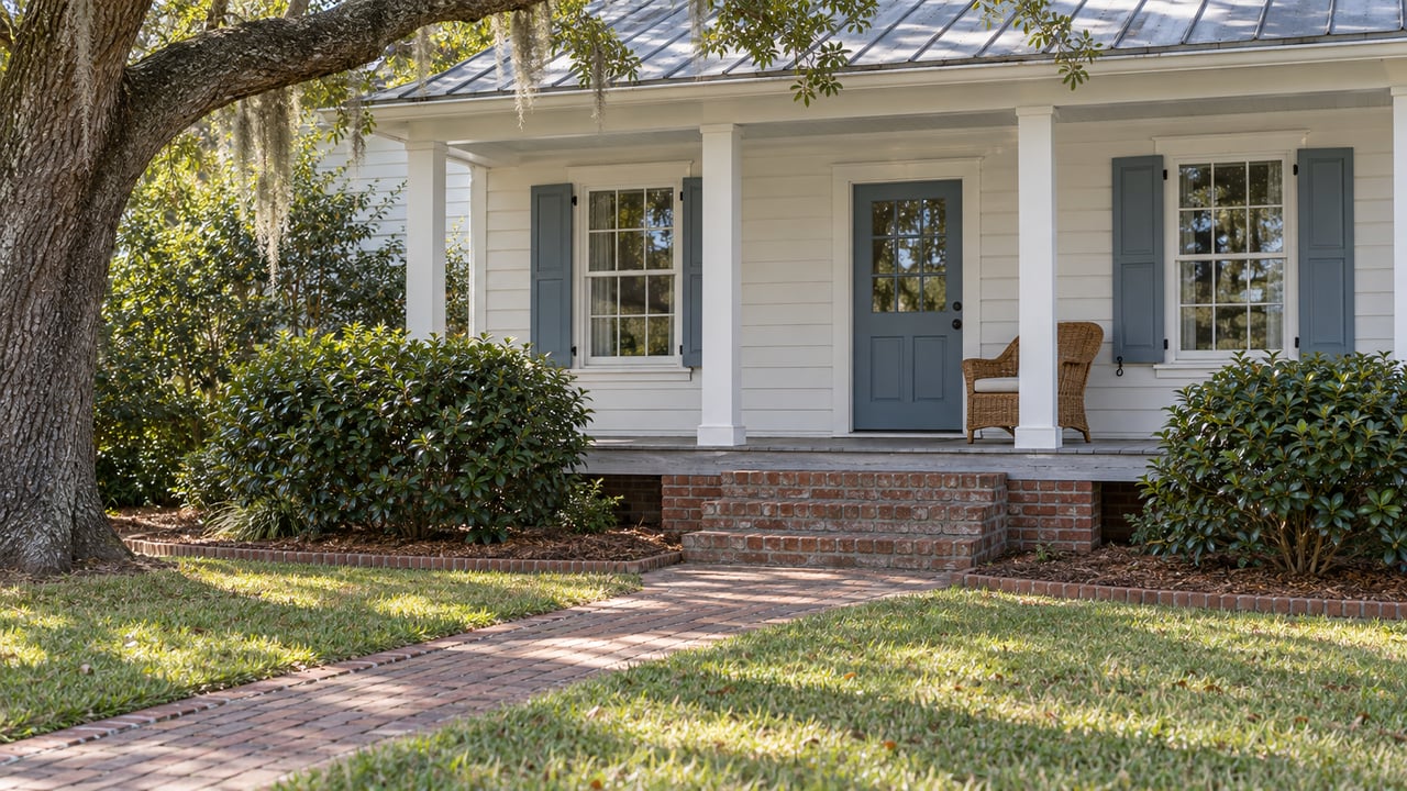Warm-white clapboard home with a muted-blue front door, brick steps and a shaded front lawn beneath a spreading live oak.