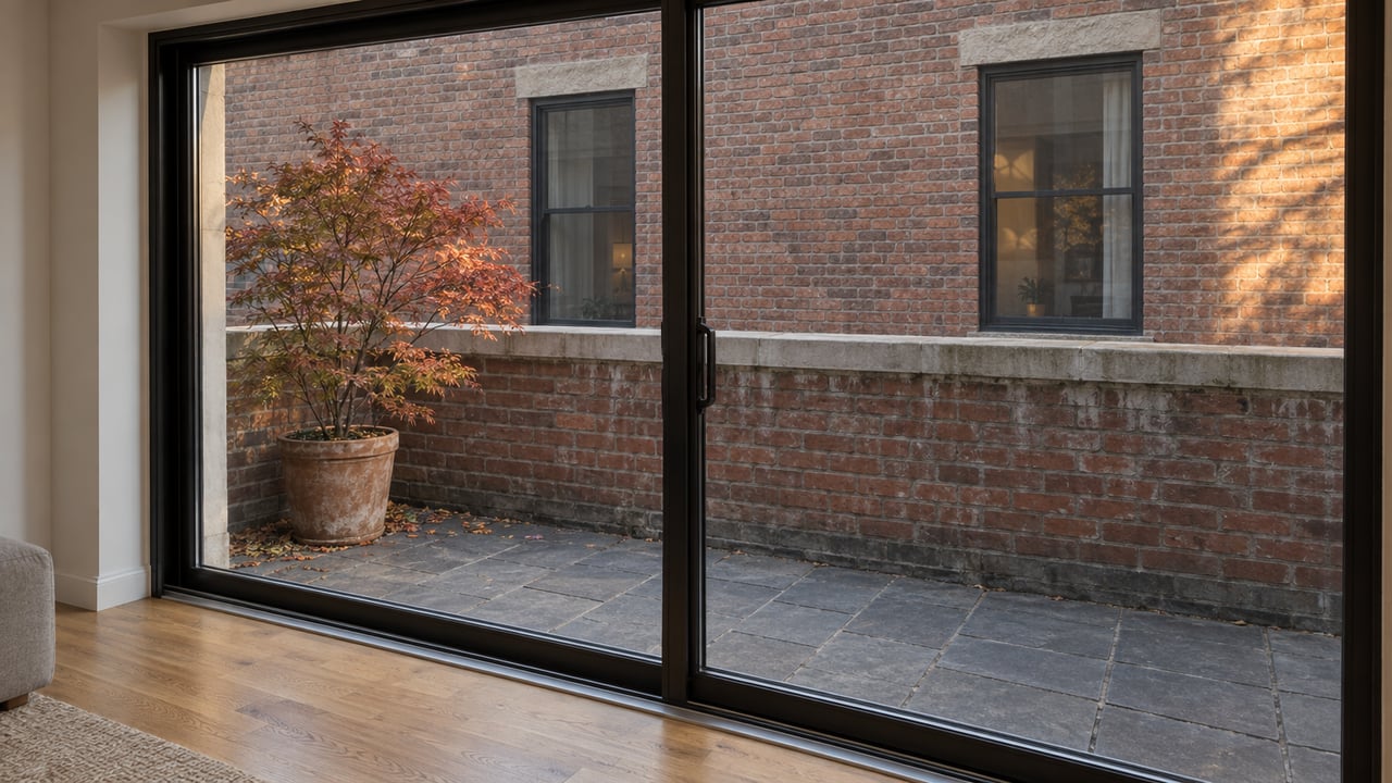 Closed sliding glass doors open onto a brick terrace with limestone pavers and a copper-red Japanese maple.