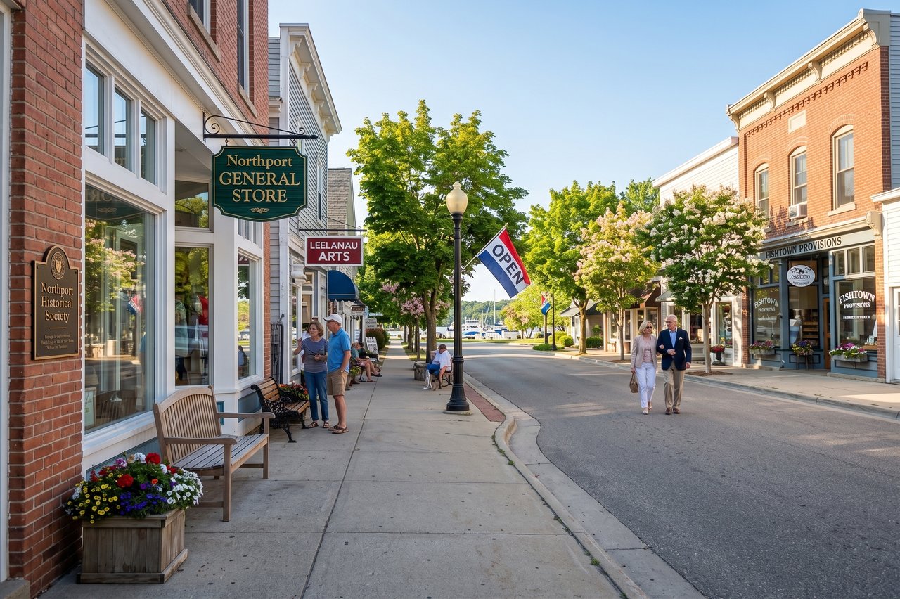 Northport main street with brick storefronts, leafy trees, and an open flag.
