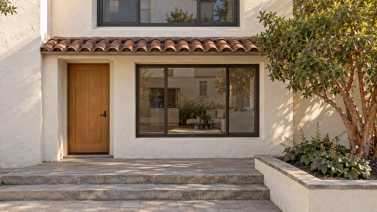 Sunlit stucco condominium entry with an oak door, bronze-framed windows, concrete steps and a small strawberry tree in a raised planter.