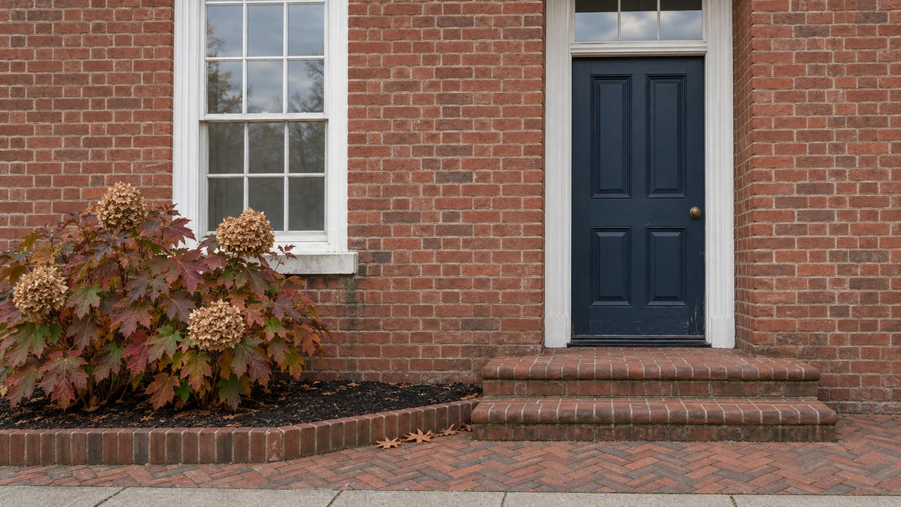 Red-brick home with a white sash window, recessed blue door, worn brick steps and bronze-leaved oakleaf hydrangea.