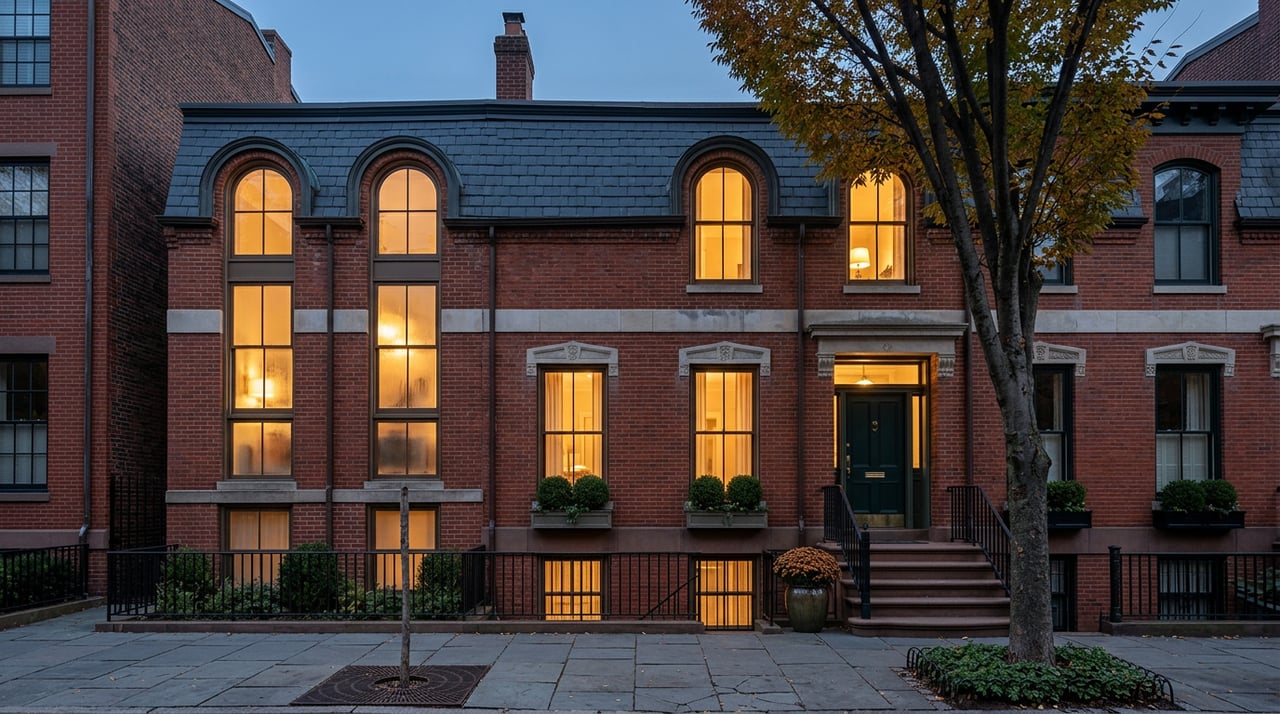 Brick rowhouses with amber-lit arched windows, brownstone stoop, and a bronze-leaved street tree at dusk.