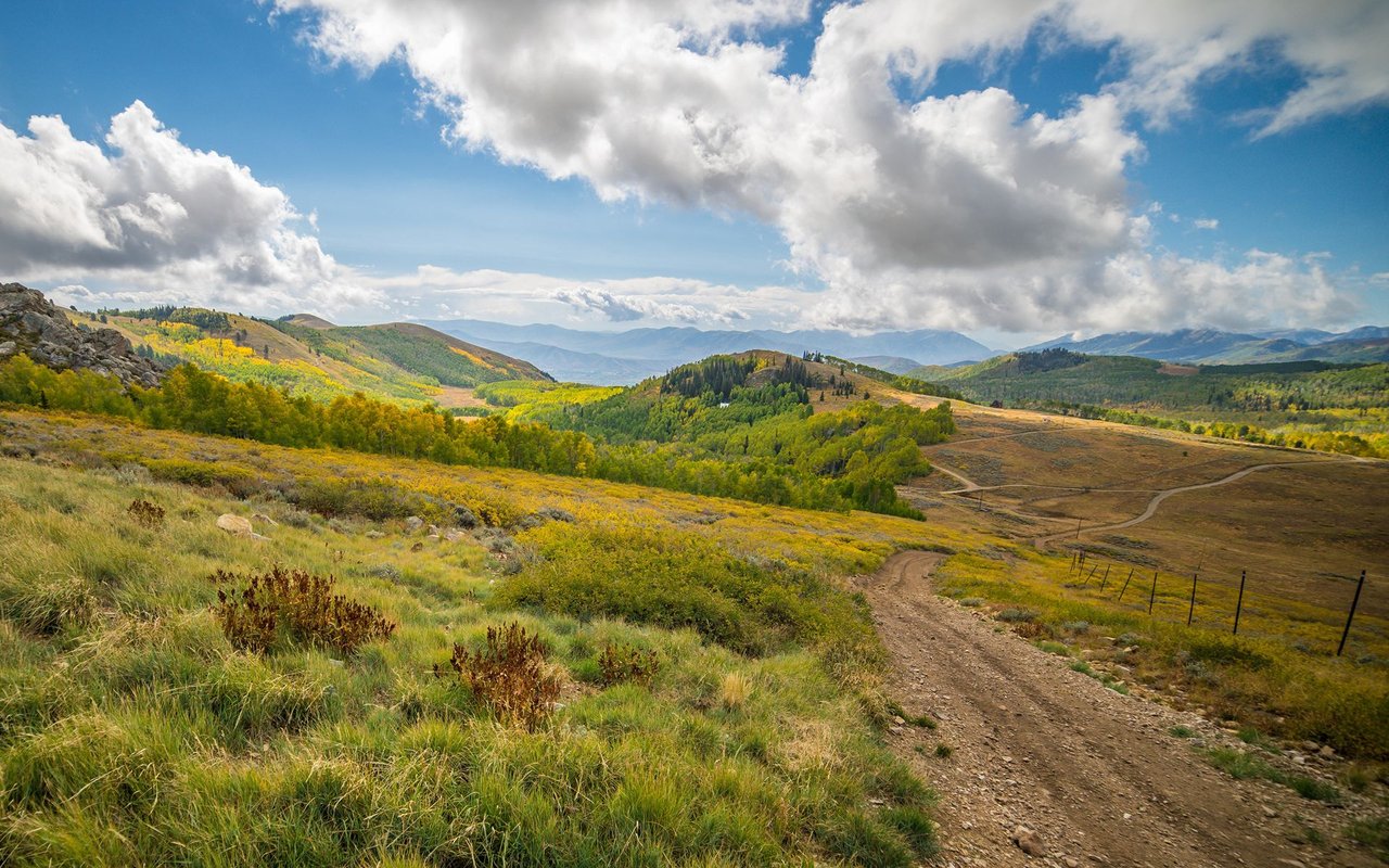 Autumn mountain valley with golden foliage, distant ridgelines, and a dirt trail beneath dramatic clouds.