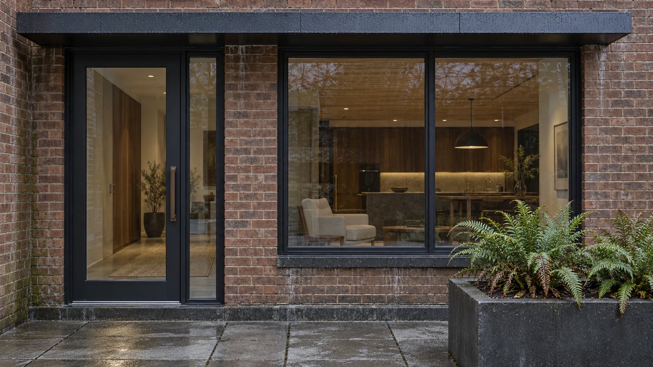 Rain-darkened brick residential entrance with black-framed glazing, warm wood visible indoors and sword ferns in a raised concrete planter.