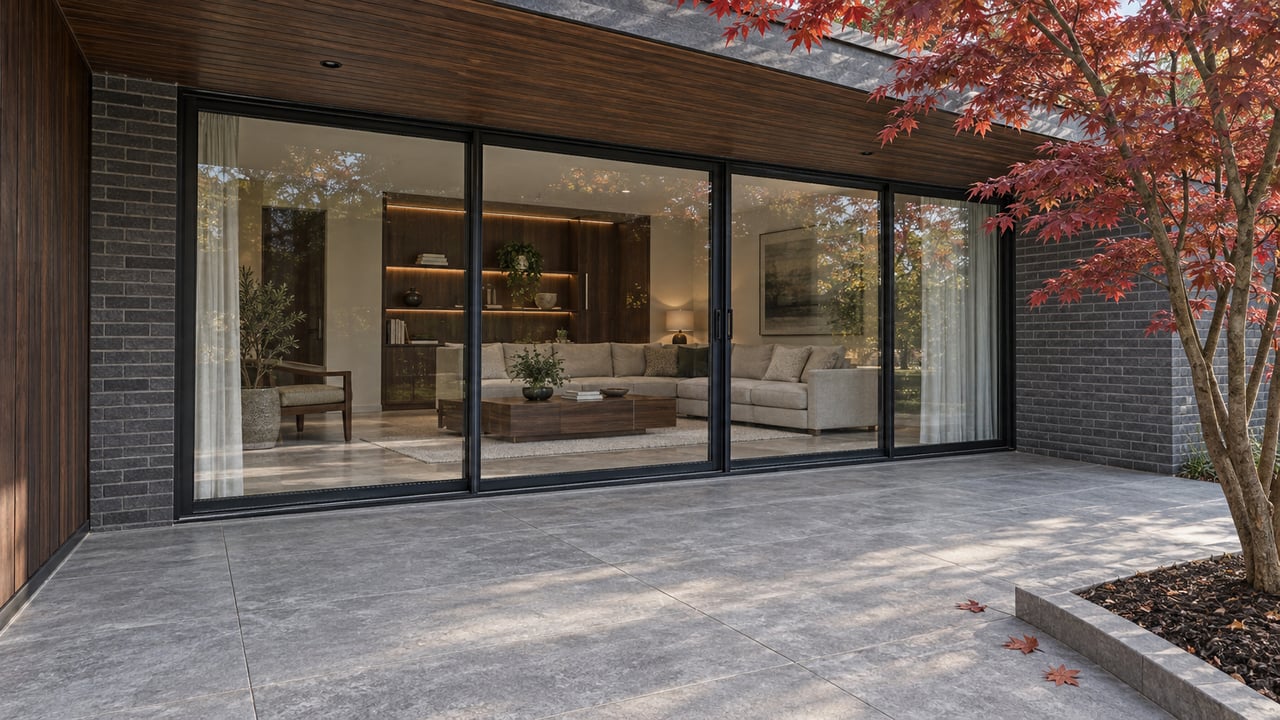 Covered terrace with gray porcelain paving, charcoal brick, dark cedar soffit and closed glass doors overlooking a softly lit living room beside a burgundy Japanese maple.