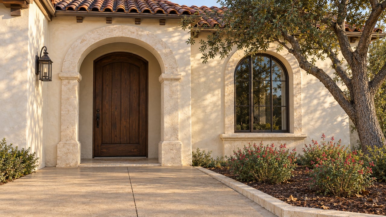 Morning light across a cream stucco home's arched walnut entrance, red tile eaves and limestone-edged planting bed beneath a sculptural oak.