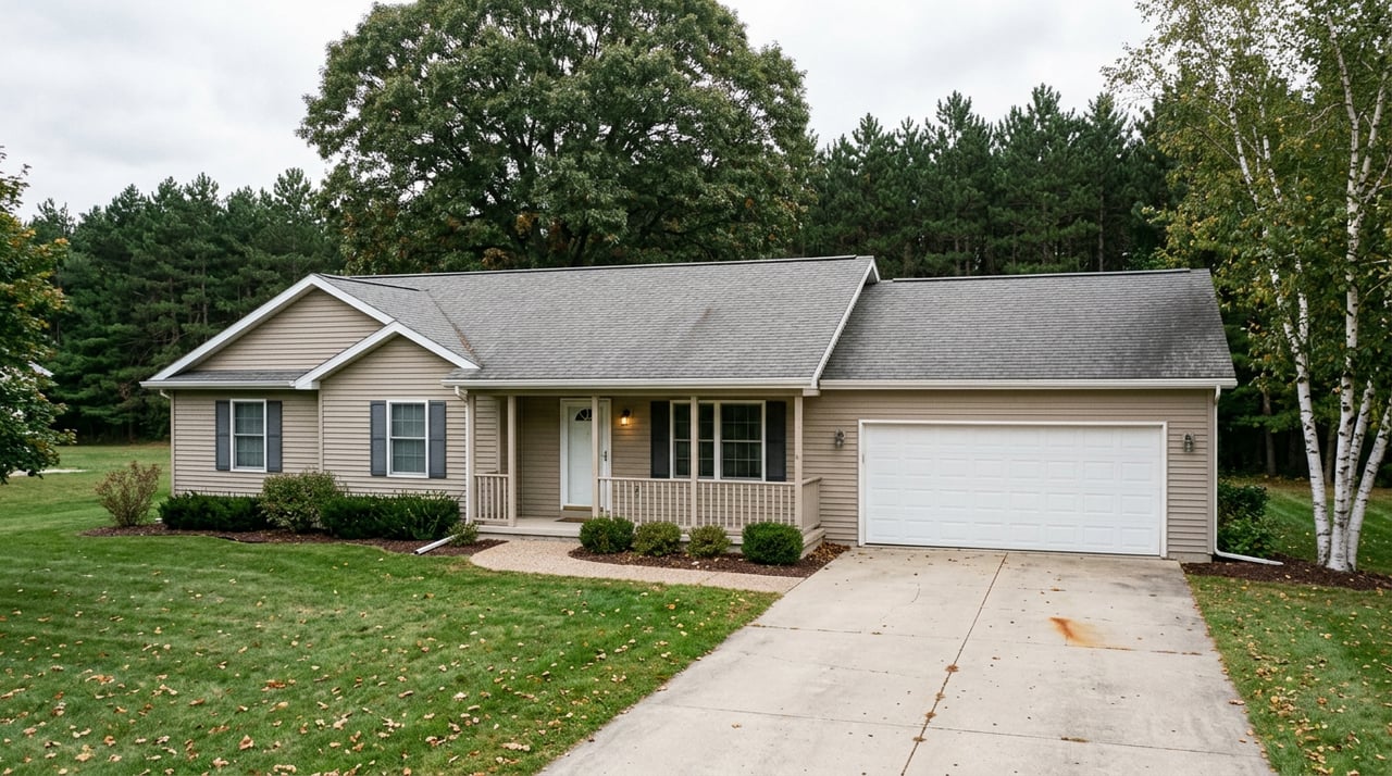 Beige ranch house with a white porch and two-car garage, framed by a bur oak and dense pine trees.