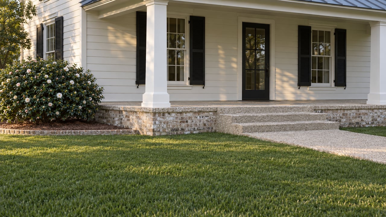 Fine-bladed lawn leading to shell-aggregate porch steps, white columns and a cream-sided home with black shutters.