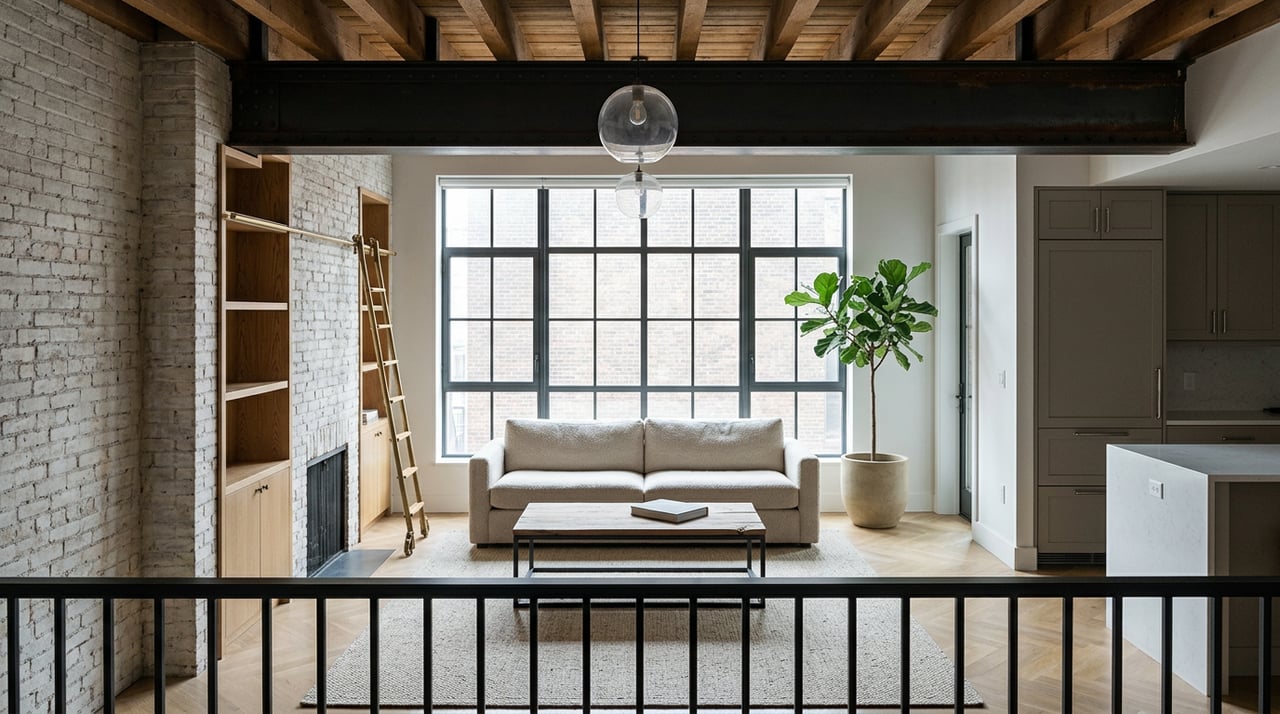 Double-height loft living room with exposed timber beams, a steel-framed window wall, and a mezzanine railing.