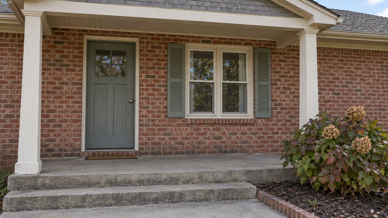 Close exterior view of an older brick home's covered entry, gray-green door, paired windows and weathered concrete steps beside an oakleaf hydrangea.