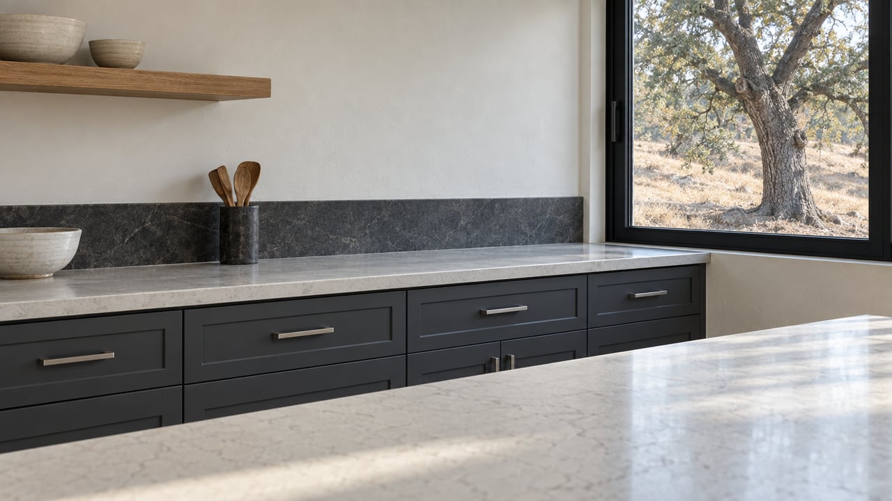 Kitchen with charcoal cabinets and quartz counter, overlooking a blue oak through a black-framed window.