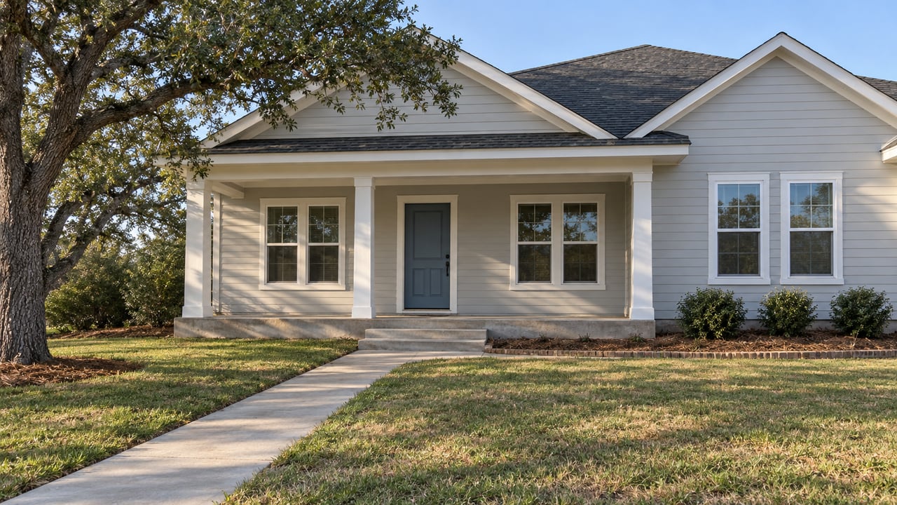 Pale-gray cross-gabled home with a shaded front porch, broad lawn, concrete walk and spreading live oak in clear afternoon light.