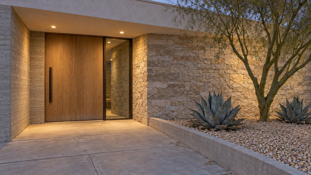 A softly illuminated flat-roof entry with an oak door, taupe limestone, concrete paving and sculptural desert planting at dusk.